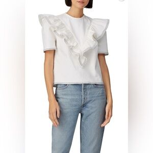 Saylor Anthropologie White Ruffle Sleeve Nautical Harriette Denim Top Size XS